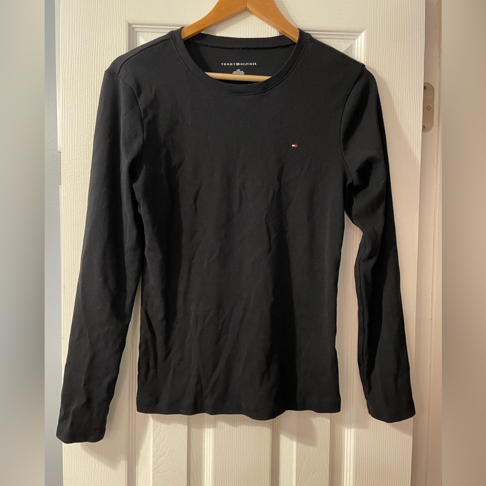 Womens Ladies large black tommy hilfiger long sleeve crew neck tshirt top